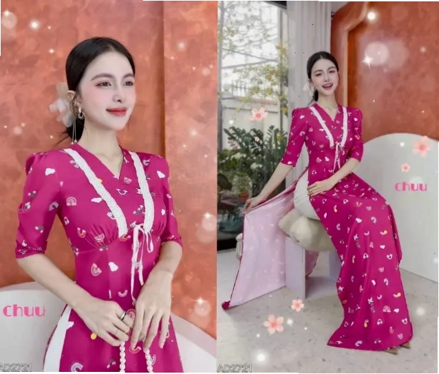 Mẫu áo dài cho người gầy với họa tiết hoa to bản trên nền vải sáng