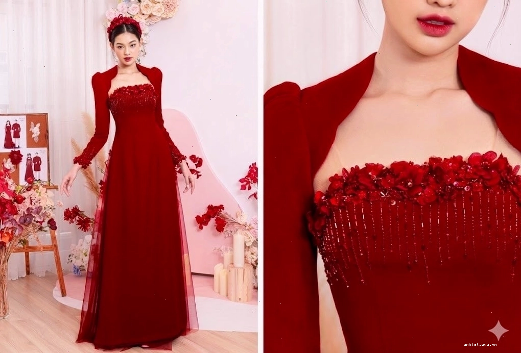 Mẫu áo dài đính cườm màu xanh ngọc bích với họa tiết hoa văn cổ điển