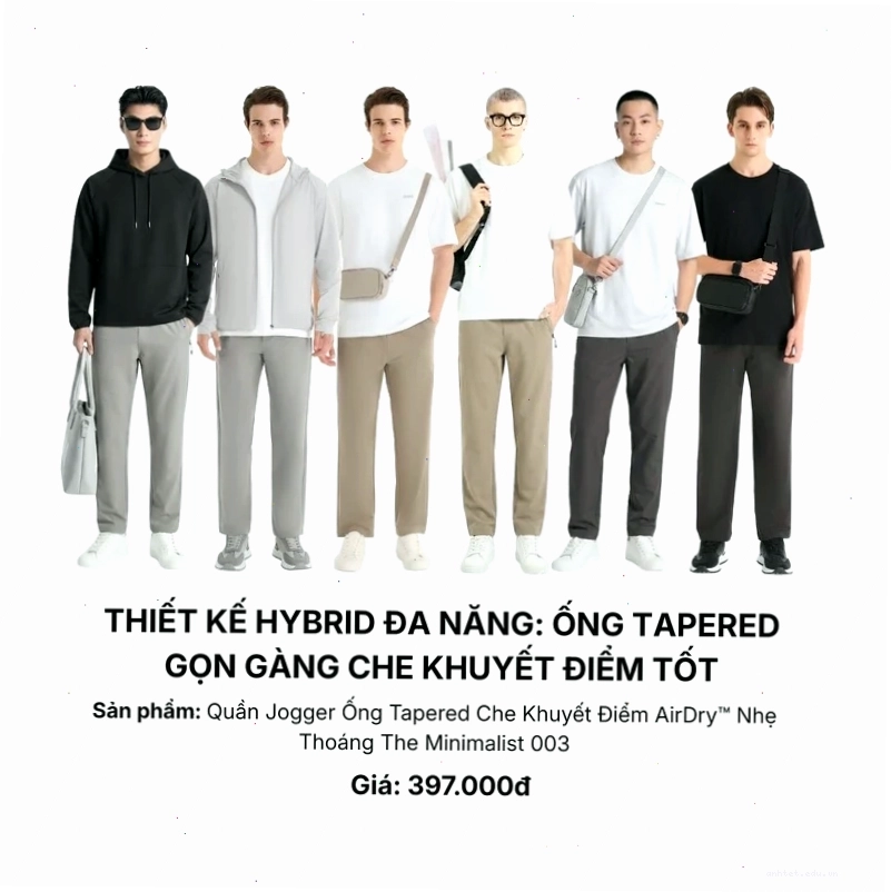 Nam giới mặc quần jogger thể thao màu be phối áo thun trắng và mũ lưỡi trai