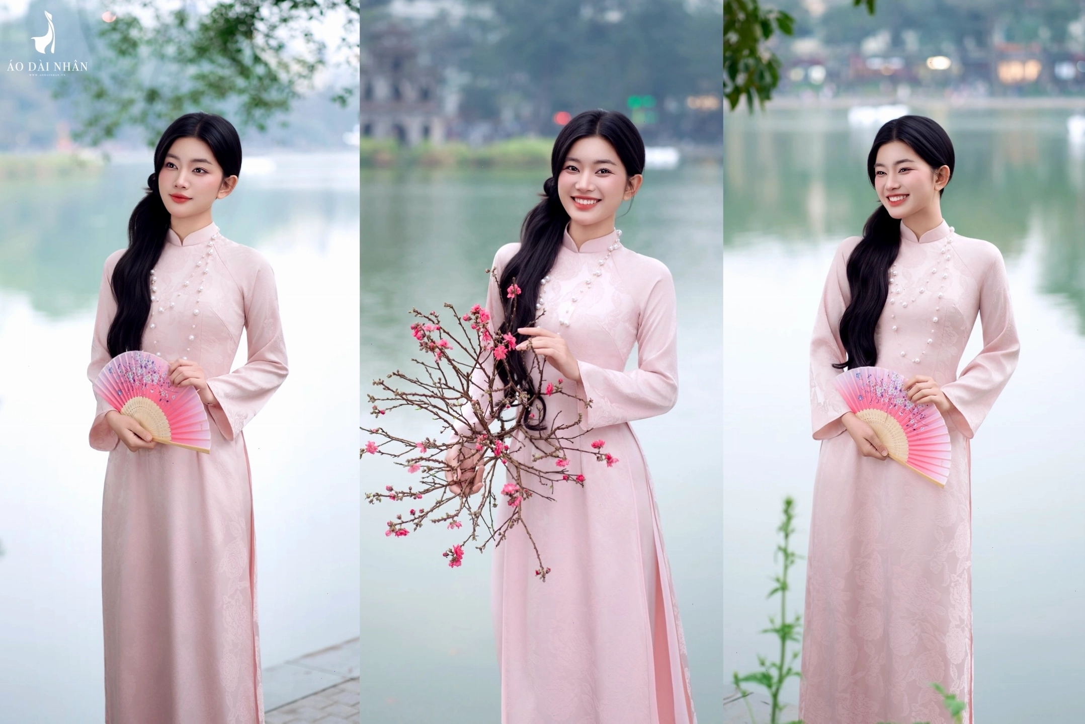 Người mẫu diện áo dài big size màu hồng pastel, tay lỡ, cổ tròn