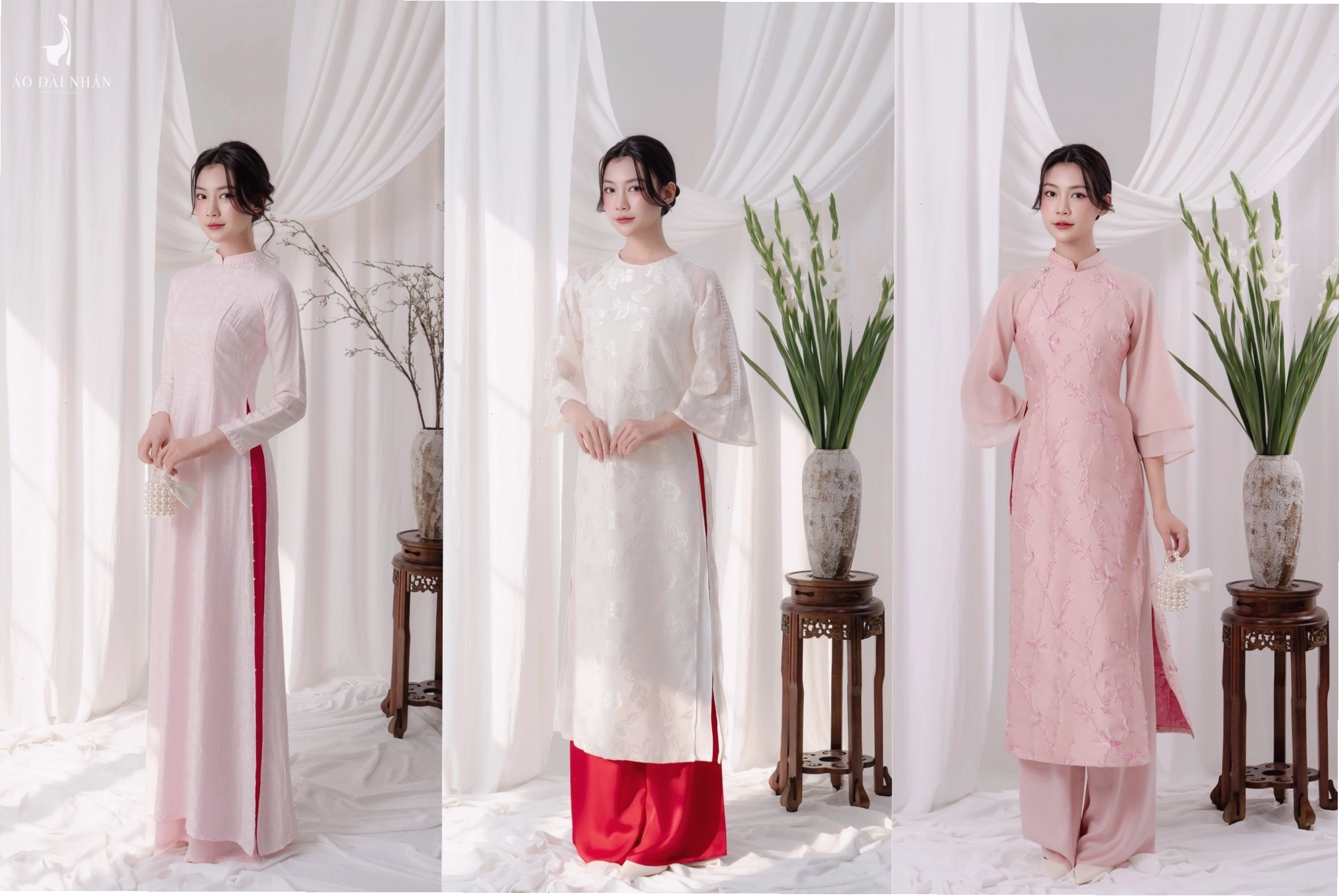Người mẫu diện áo dài big size màu kem, cổ tròn, tay phồng nhẹ