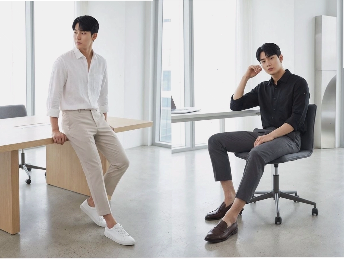 Người mẫu nam diện quần tây ống suông cropped màu be, khoe khéo đôi giày sneaker