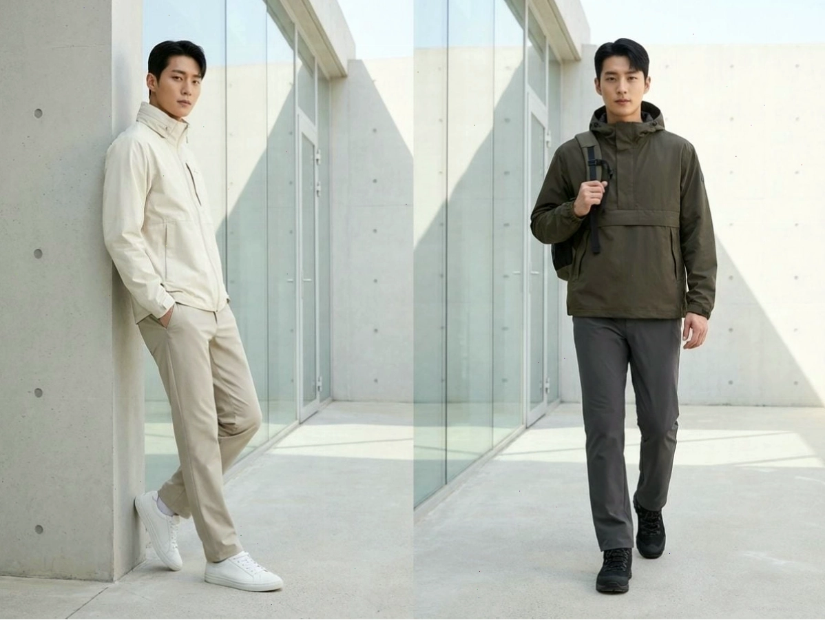 Người mẫu nam mặc quần tây ống suông form straight màu xám nhạt phối cùng áo polo xanh navy