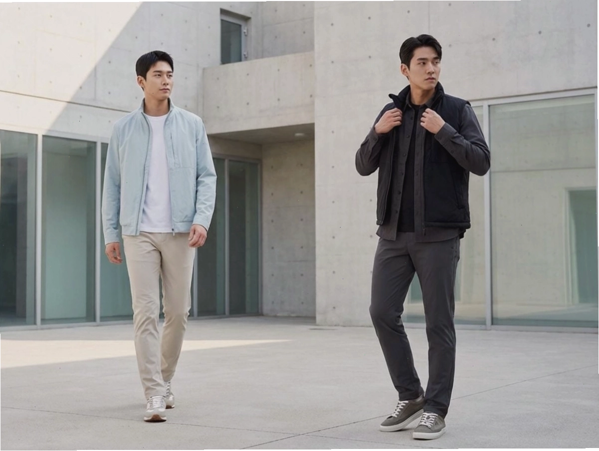 Người mẫu nam mặc quần tây ống suông slim fit màu xanh navy phối cùng áo thun xám