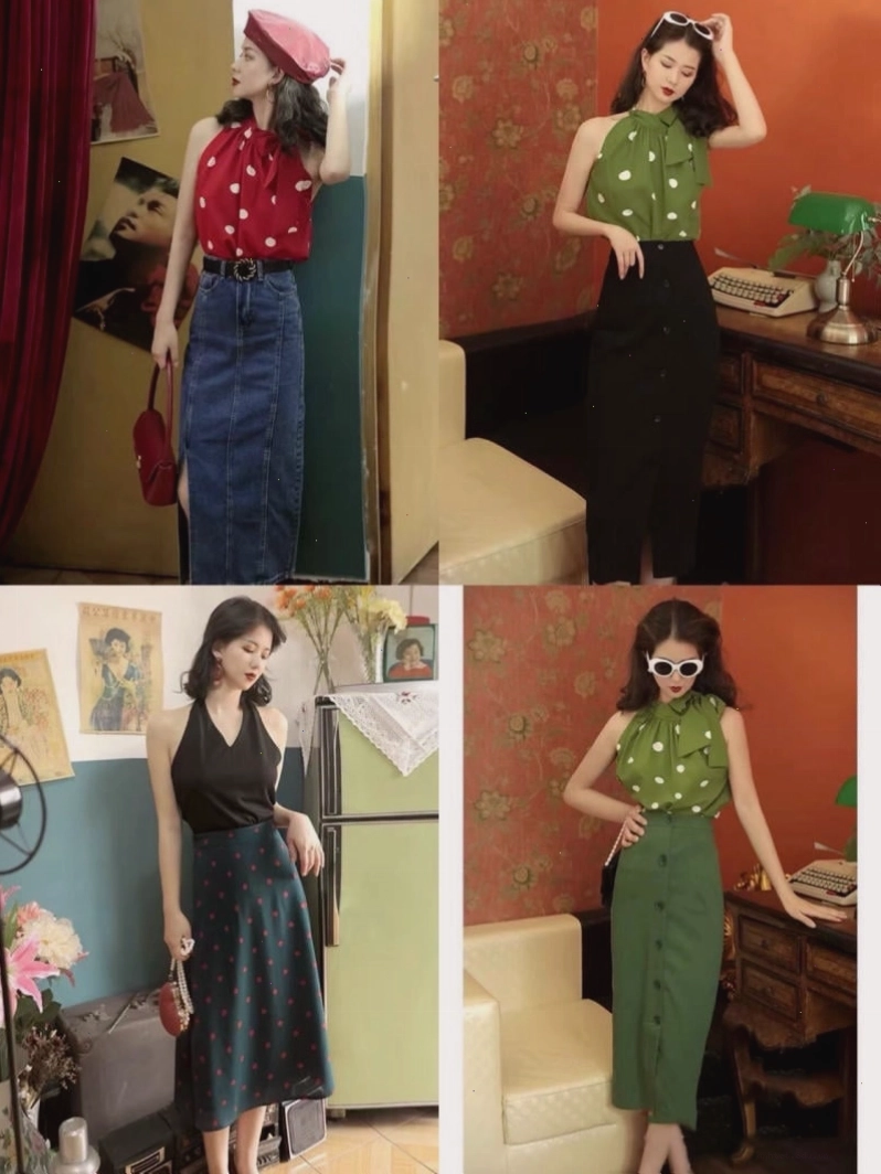 Nhiều mẫu chân váy dài vintage với các kiểu dáng và họa tiết khác nhau trên kệ