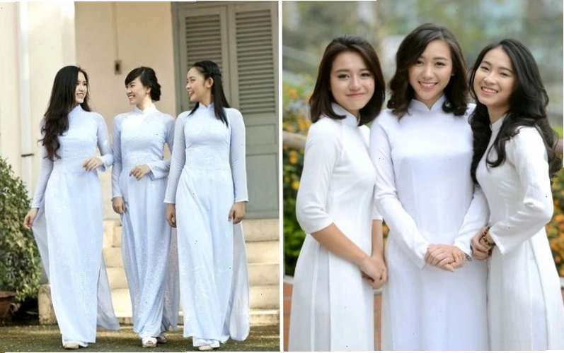Nhóm bạn nữ cùng diện áo dài trắng chụp ảnh kỷ niệm