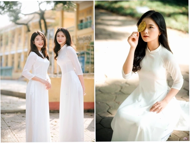 Nhóm bạn nữ diện áo dài trắng chụp ảnh