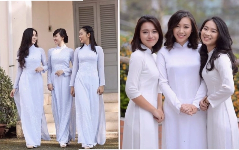 Nhóm bạn nữ diện áo dài trắng chụp ảnh kỷ niệm