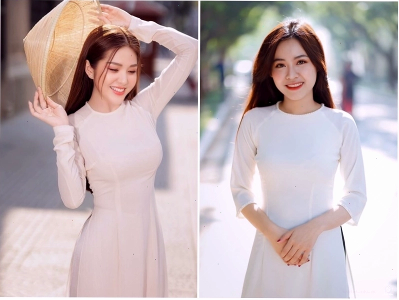 Nữ sinh diện áo dài trắng học sinh dáng suông, cổ tròn, tay lỡ
