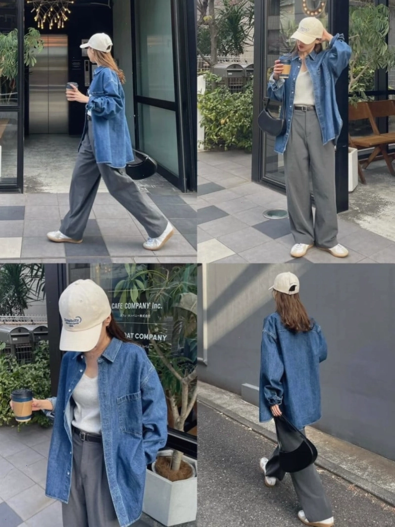Phối áo sơ mi denim nữ với quần jeans ống rộng