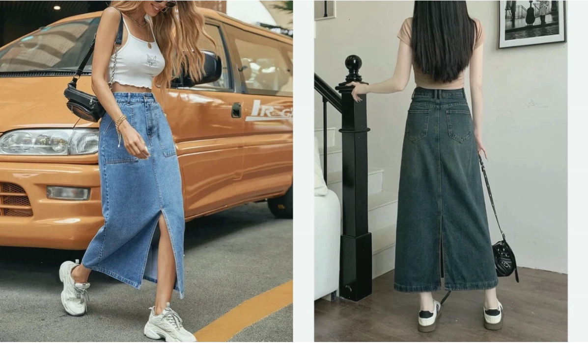 Phối chân váy jean dài với giày thể thao