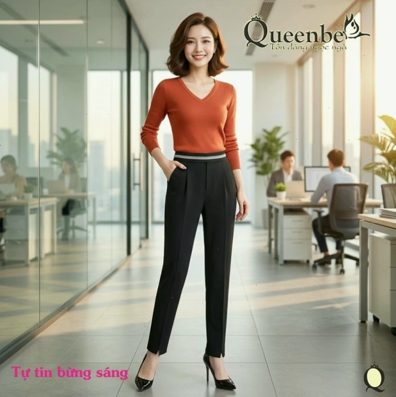 Quần baggy nữ công sở lưng cao màu đen phối áo kiểu dángBasic