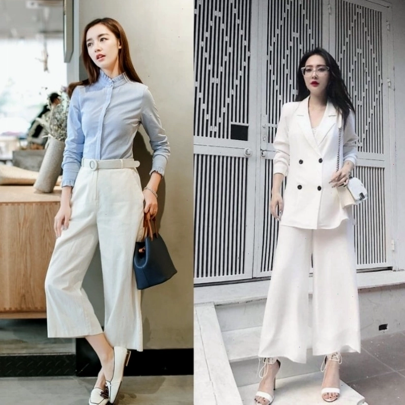 Quần culottes nữ màu trắng, ống rộng, dáng đứng