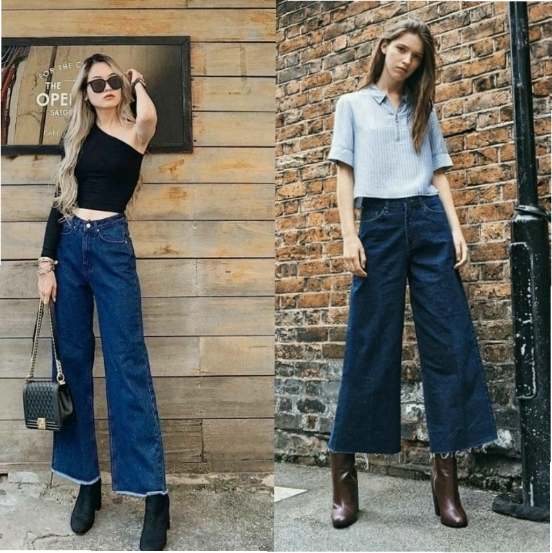 Quần culottes nữ màu xám phối cùng áo kiểu dáng suông màu trắng