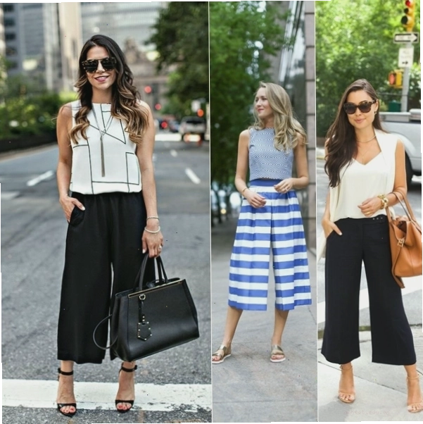 Quần culottes ống rộng màu xanh rêu phối cùng áo kiểu tay phồng màu trắng