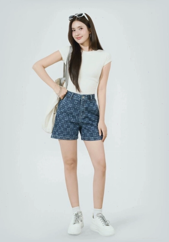 Quần short jean nữ dáng rộng, túi xéo màu med blue laser