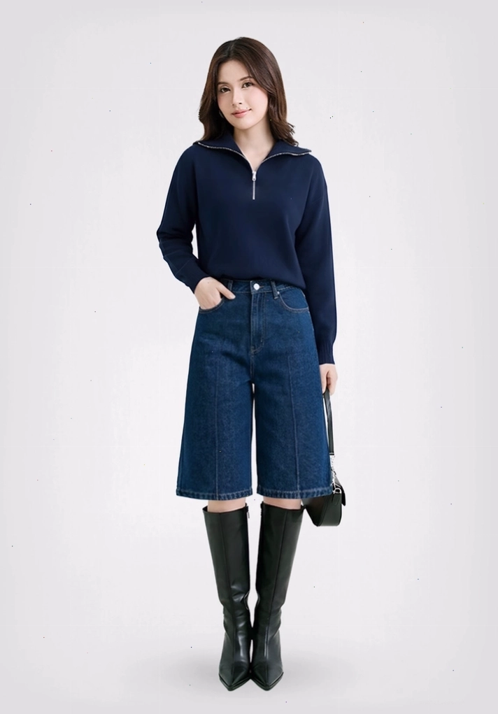 Quần short nữ denim bermuda ủi ly