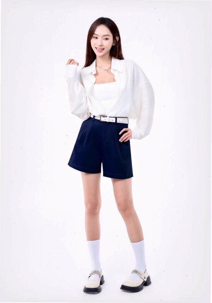 Quần short nữ kaki navy túi xéo form rộng