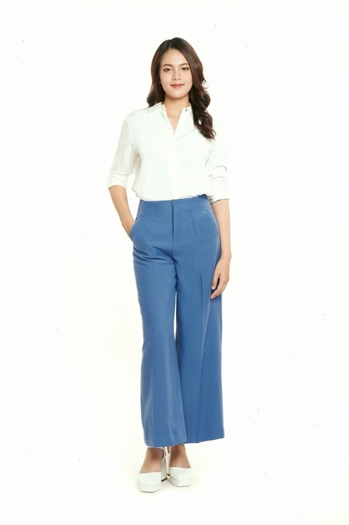Quần tây nữ ống rộng basic thanh lịch màu xanh, thương hiệu Ninomaxx
