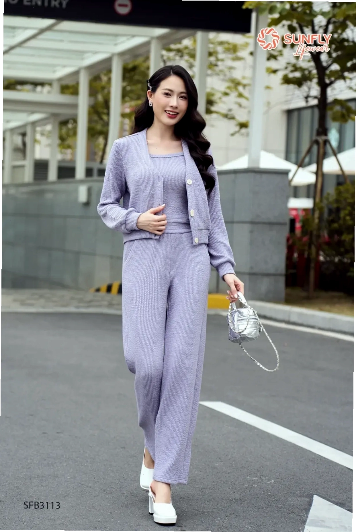 Set 3 món len: áo dây, áo khoác và quần suông dài