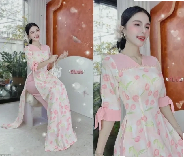 Set áo dài cách tân gồm áo và quần ống rộng chất liệu lụa