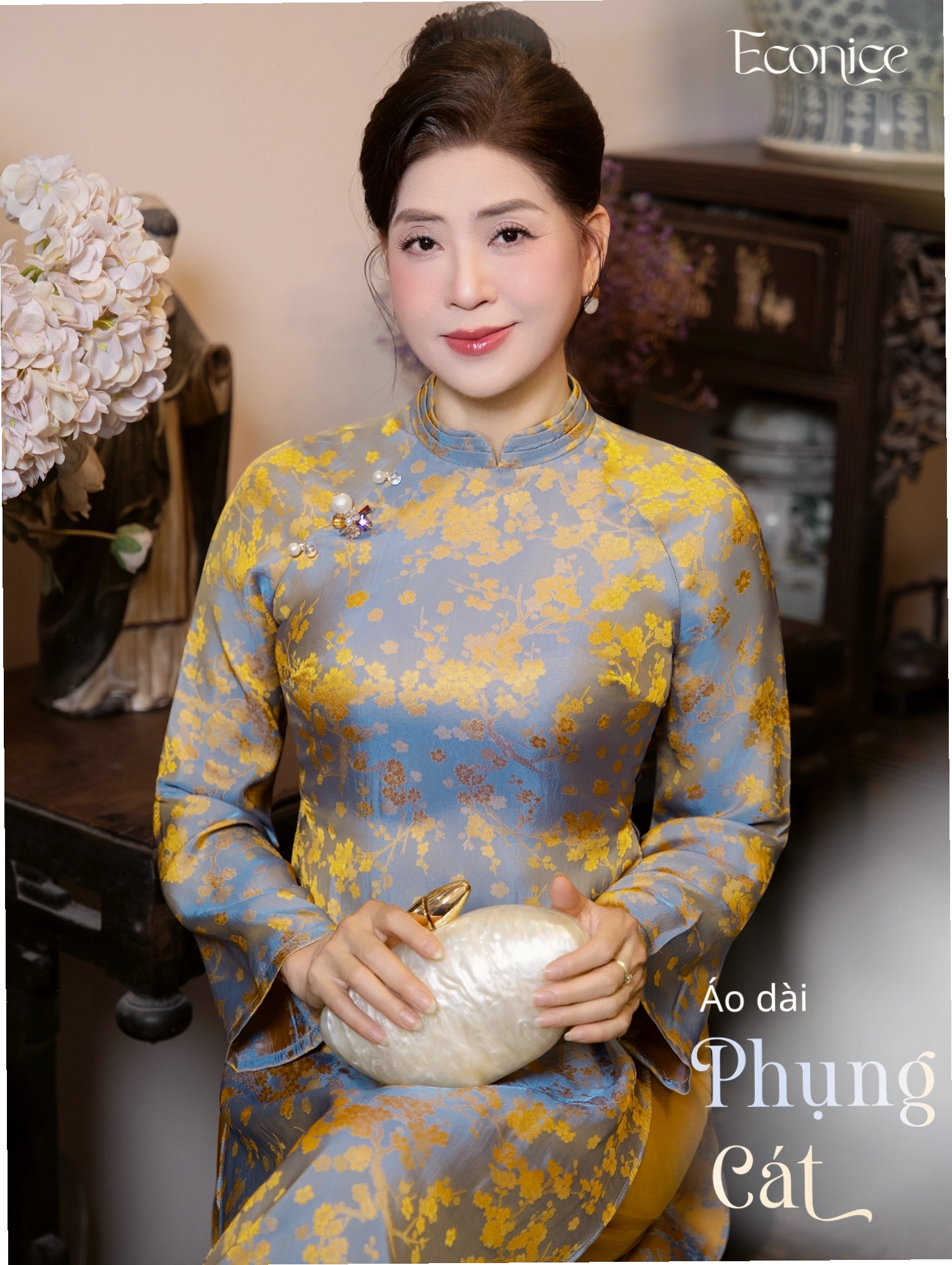 Set áo dài cách tân nữ Econice Phụng Cát, cổ tàu, tay phồng, màu vàng đồng