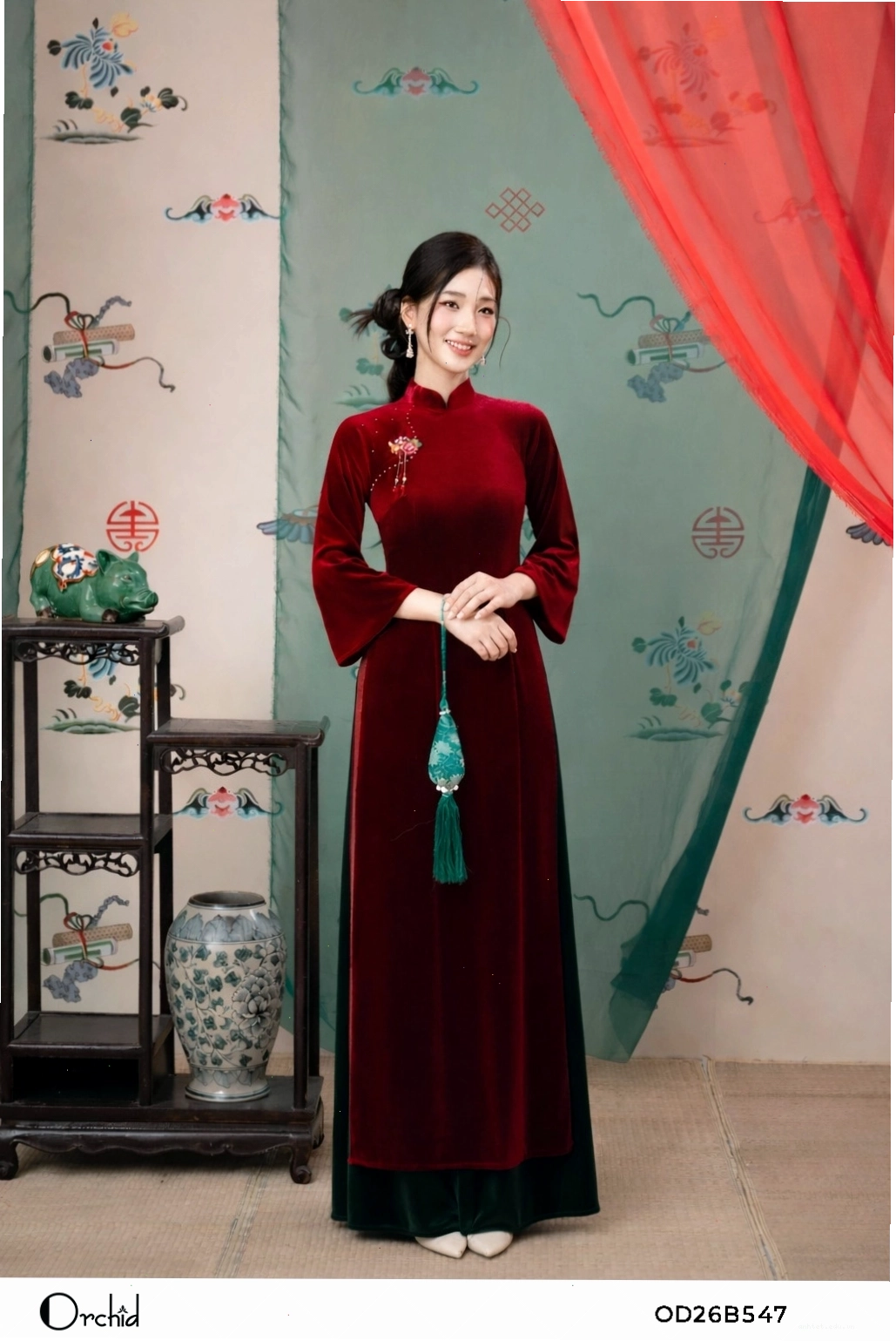 Sét bộ áo dài nhung the màu xanh rêu, cổ tròn tay lỡ