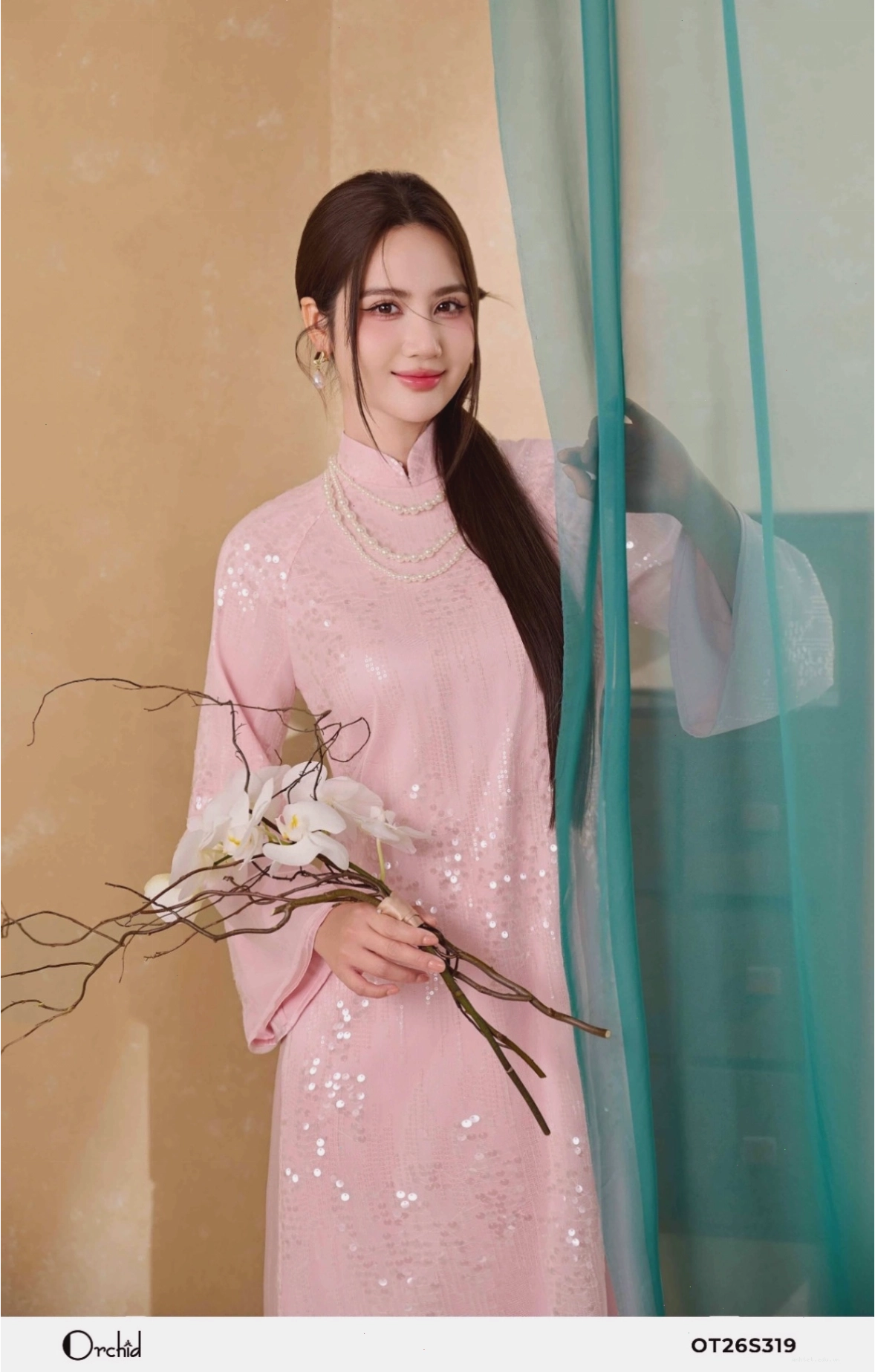 Sét bộ áo dài ren lưới kim sa màu đen, cổ tròn tay lỡ
