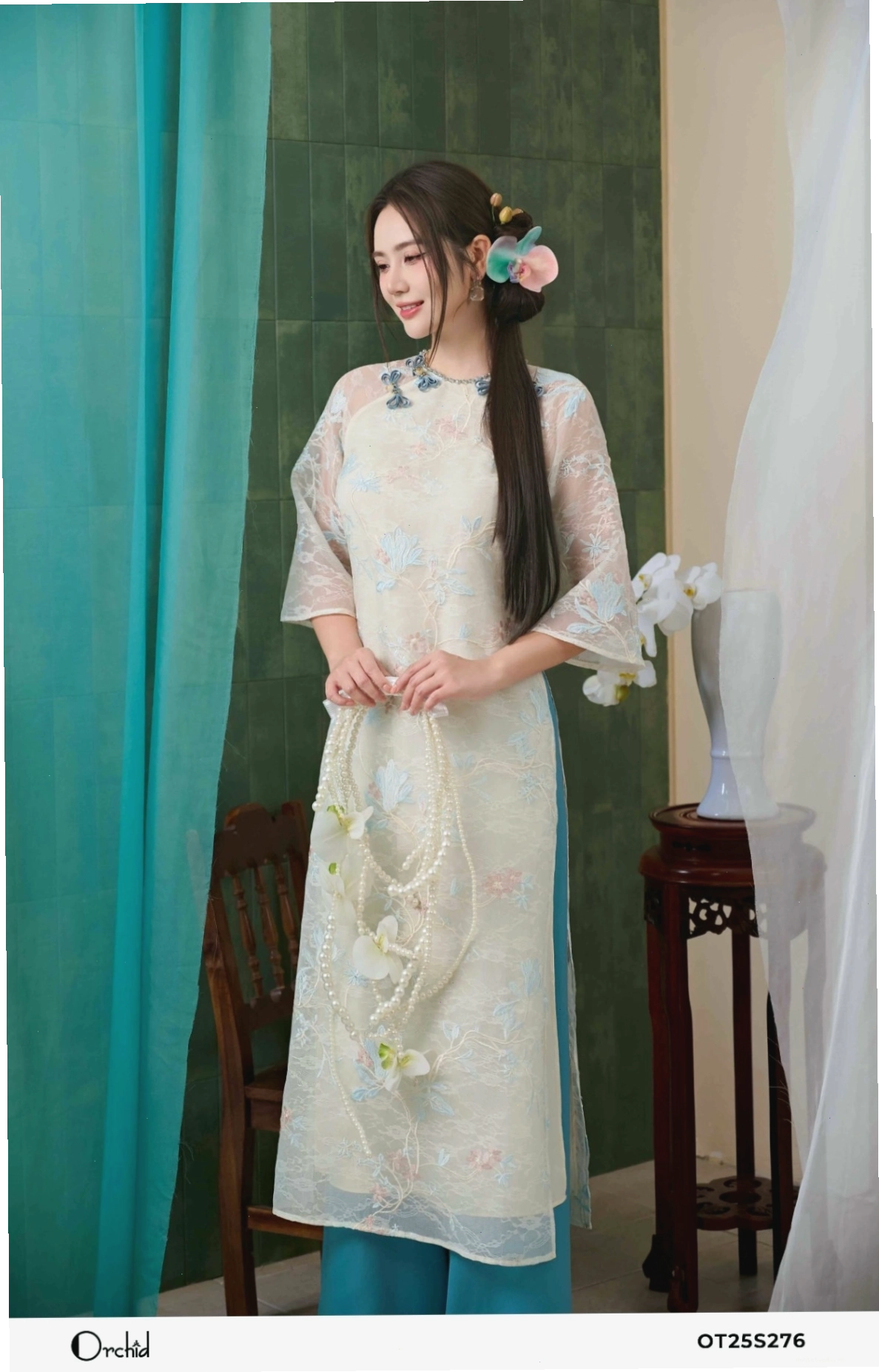 Sét bộ áo dài tơ lưới thêu hoa 3D màu hồng pastel, cổ tròn tay lỡ