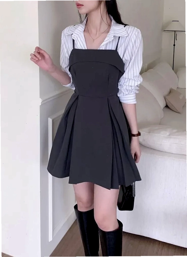 Set đồ áo sơ mi ngắn tay cùng váy yếm dành cho các buổi tiệc