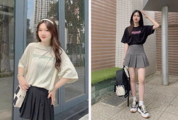Set đồ cá tính với đầm xếp ly ngắn và áo khoác bomber