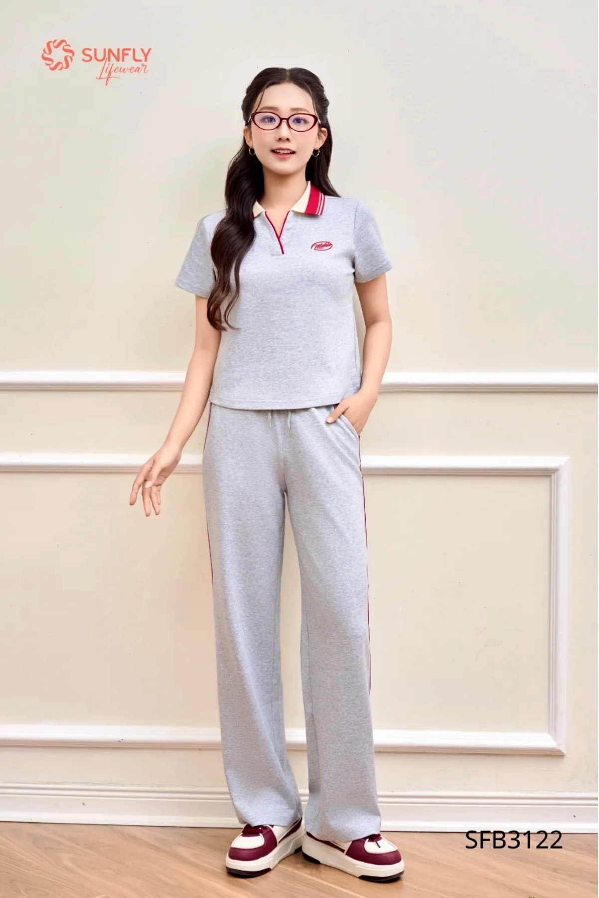 Set đồ nữ áo cộc tay cổ zip và quần suông dài