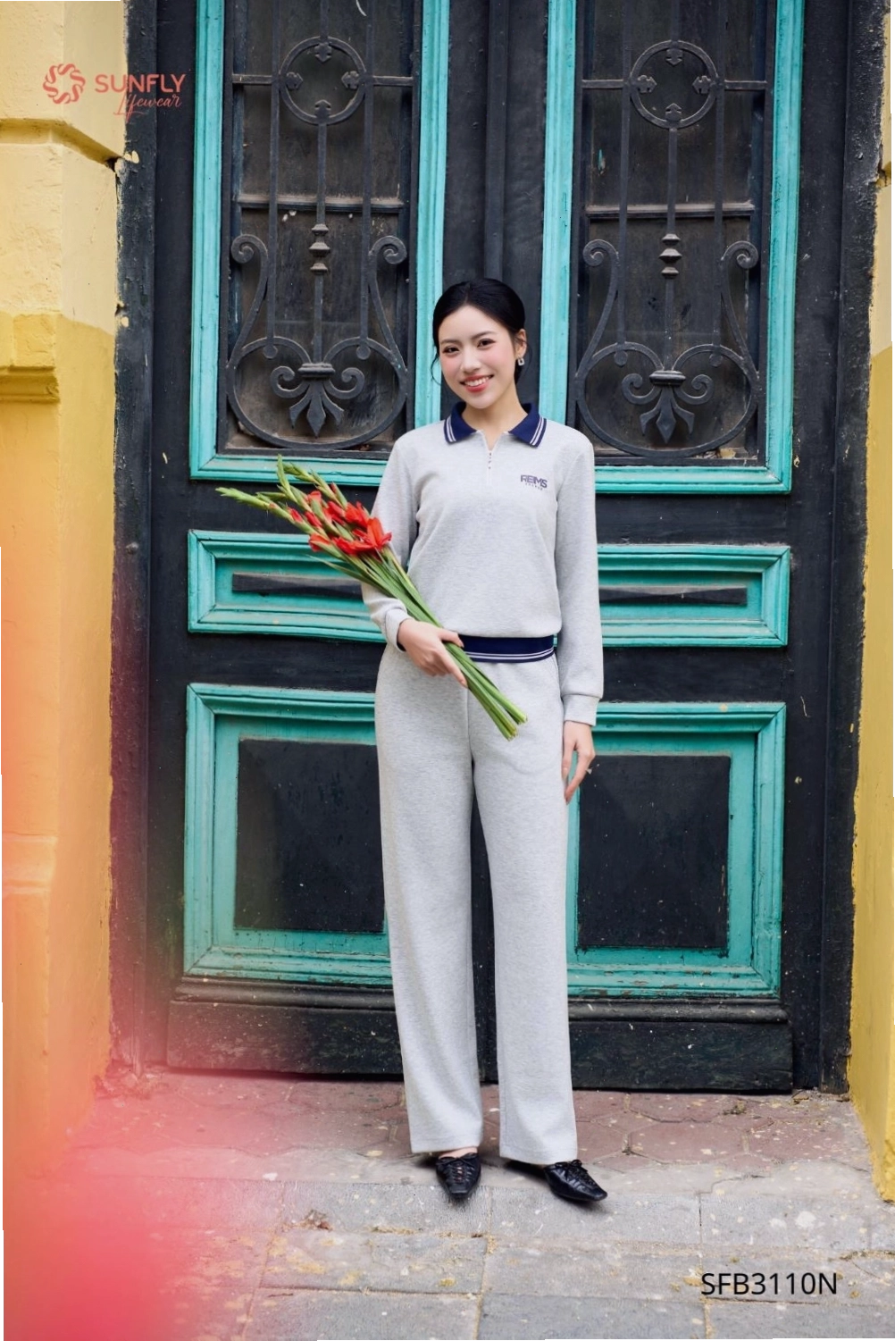 Set đồ nữ áo dài tay cổ bẻ và quần suông dài