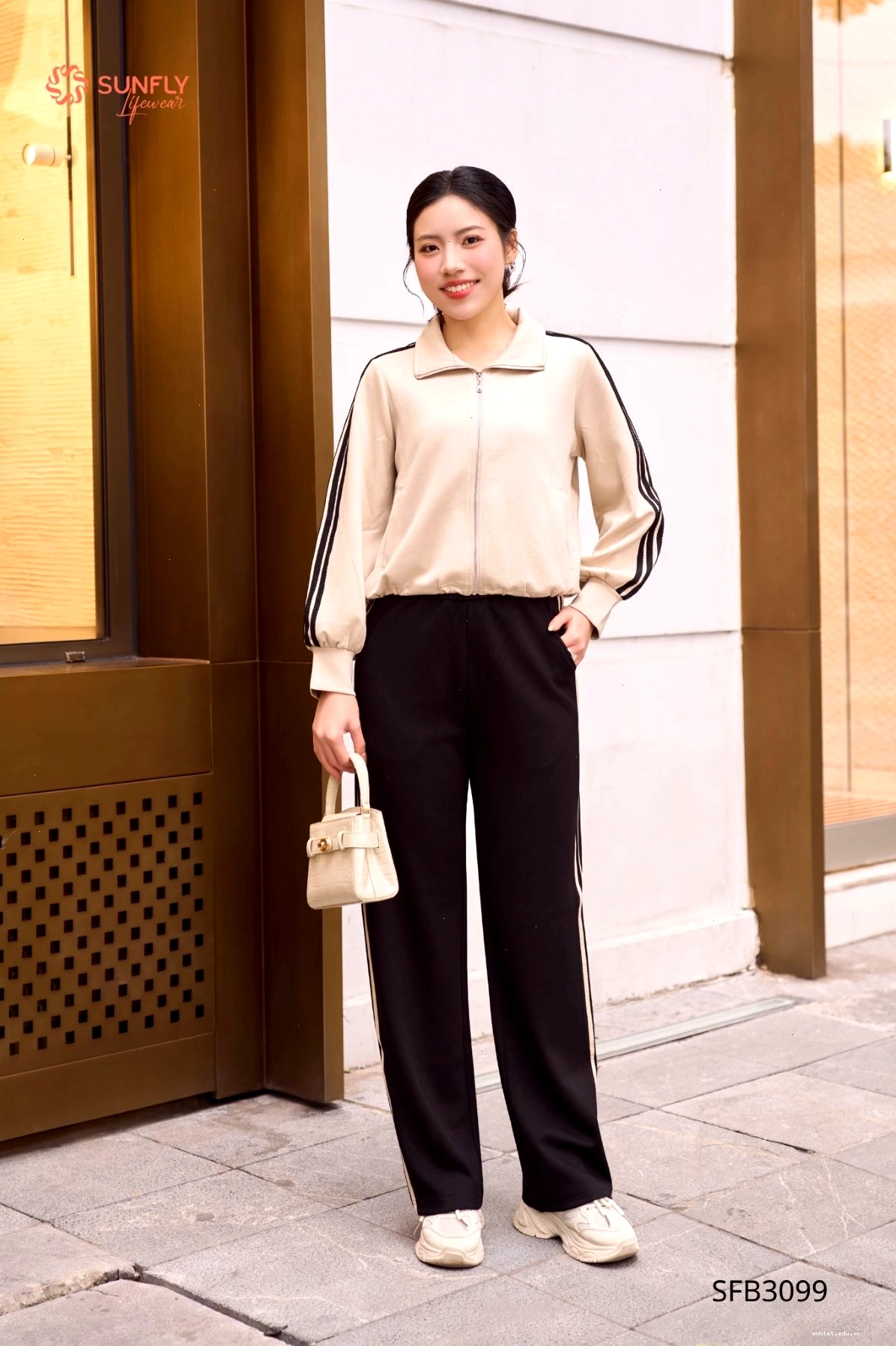 Set đồ nữ áo dài tay khóa kéo và quần suông dài