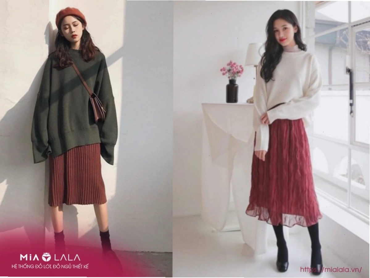 Set đồ nữ Hàn Quốc gồm áo len và chân váy midi