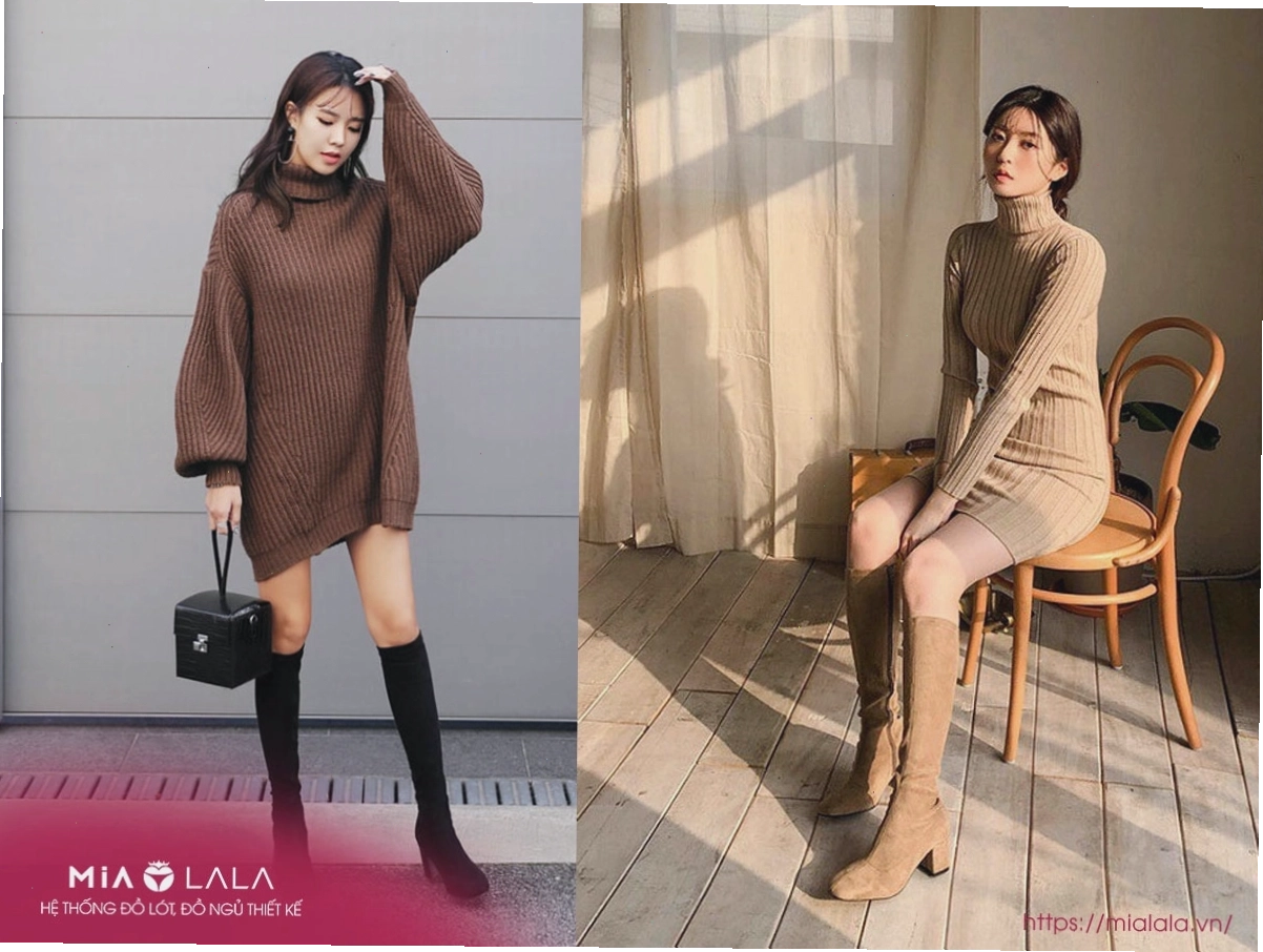 Set đồ nữ Hàn Quốc với váy len dáng dài