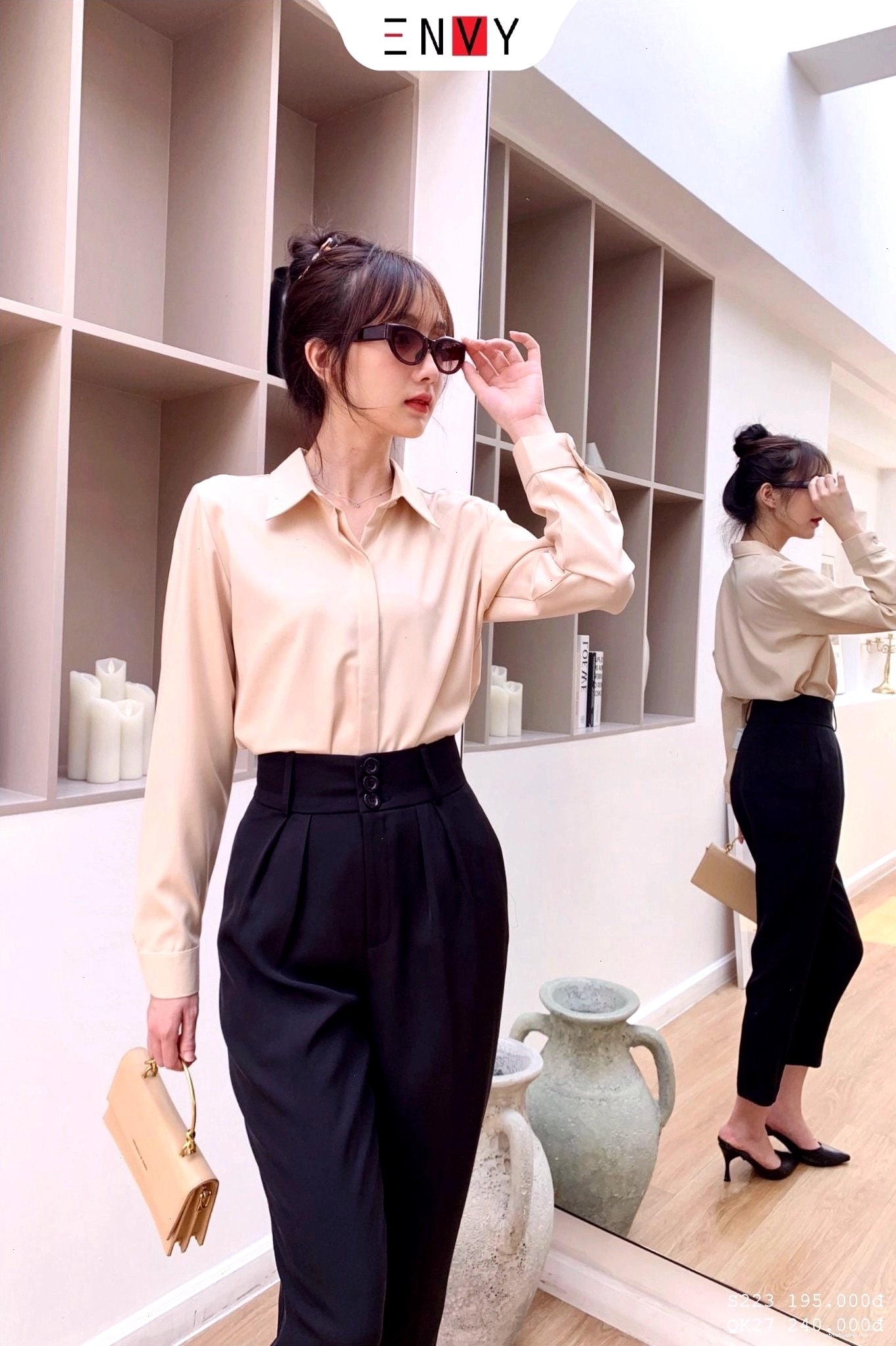 Set đồ với quần tây lưng cao và áo sơ mi