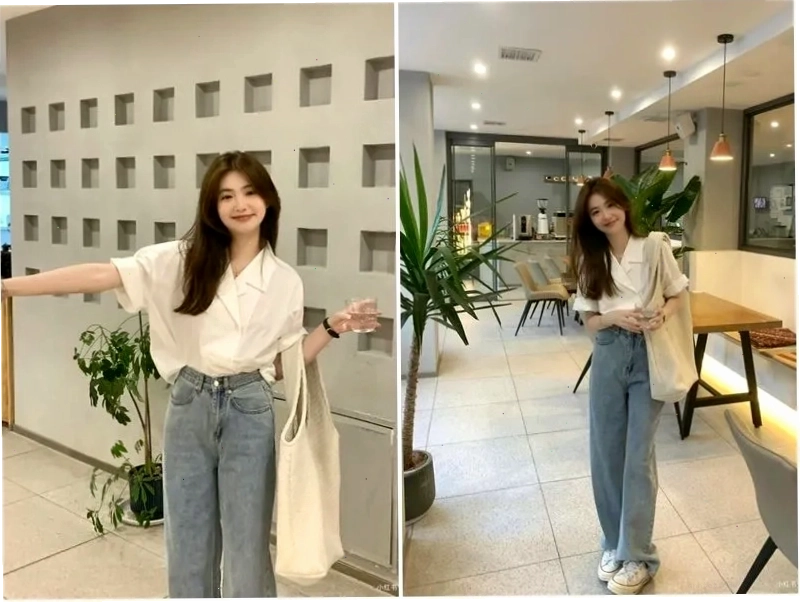 Sơ mi tay ngắn kết hợp quần jeans là phong cách được ưa chuộng