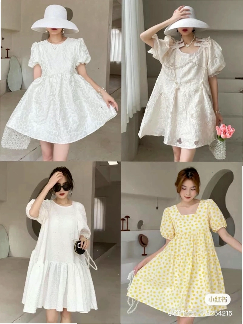 Váy babydoll tay phồng dáng dài màu xanh lá cây, cổ tròn, chất liệu vải linen