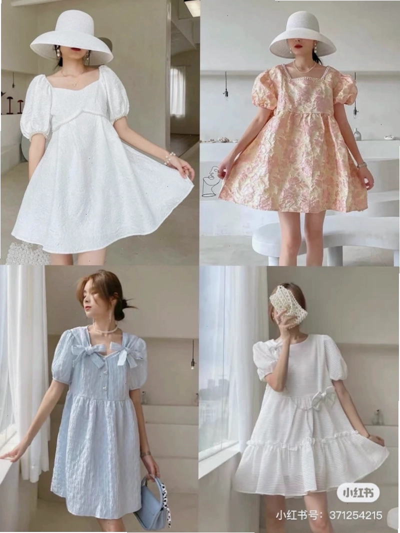 Váy babydoll tay phồng dáng ngắn màu hồng phấn, cổ vuông, chất liệu cotton