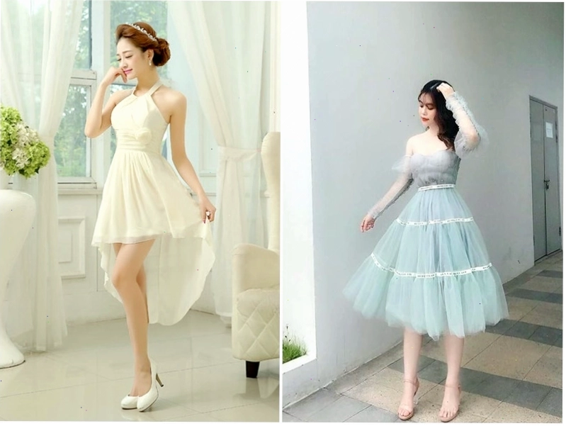 Váy công chúa dáng ngắn màu tím pastel, cổ tròn, tay ngắn phồng