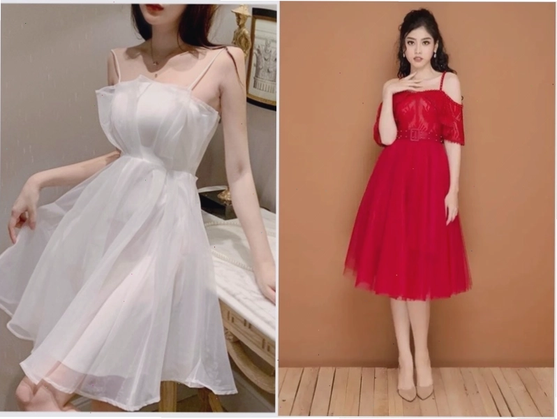 Váy công chúa dáng ngắn màu vàng chanh, cổ yếm, chân váy xòe xếp ly