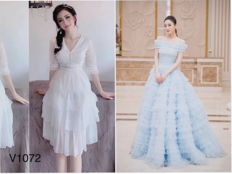 Váy công chúa dáng ngắn màu xanh mint, cổ vuông, tay ngắn phồng