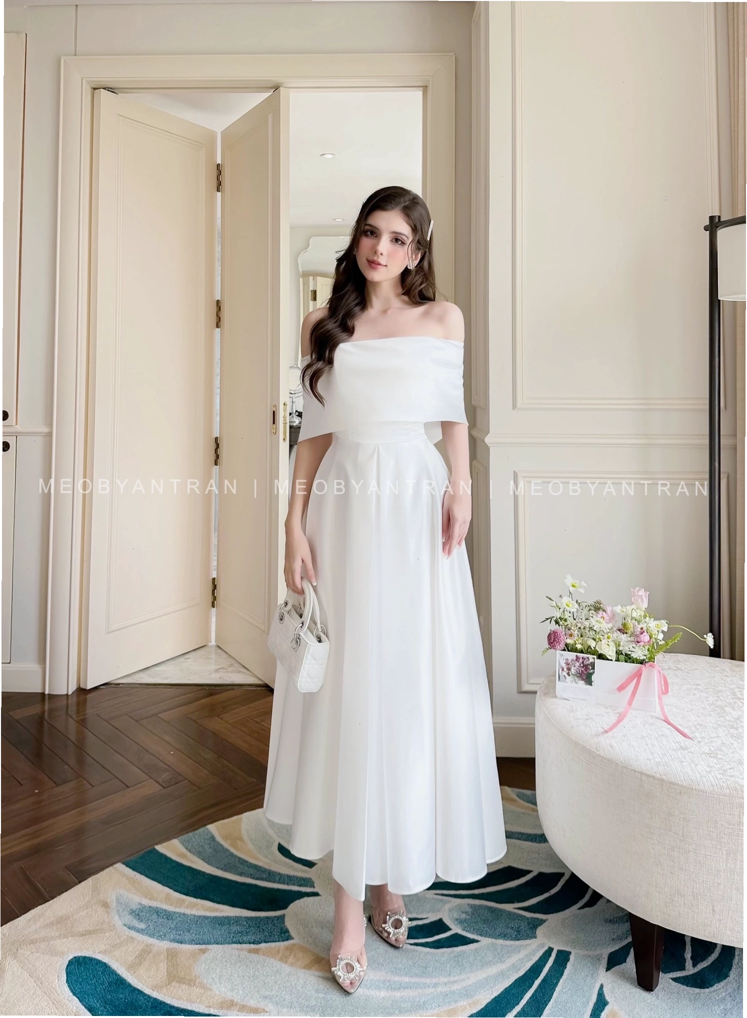 Váy dự tiệc trễ vai thiết kế đơn giản, dễ thương, chất liệu voan mềm mại