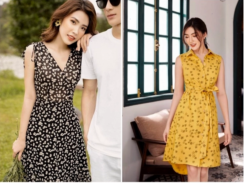 Váy hoa nhí dáng dài bằng vải voan mỏng, màu hồng pastel, họa tiết hoa li ti màu trắng, hai dây mảnh