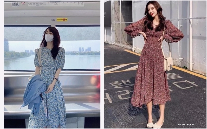 Váy hoa nhí dáng dài màu trắng với họa tiết hoa nhỏ li ti màu hồng và xanh lá, cổ vuông tay phồng nhẹ