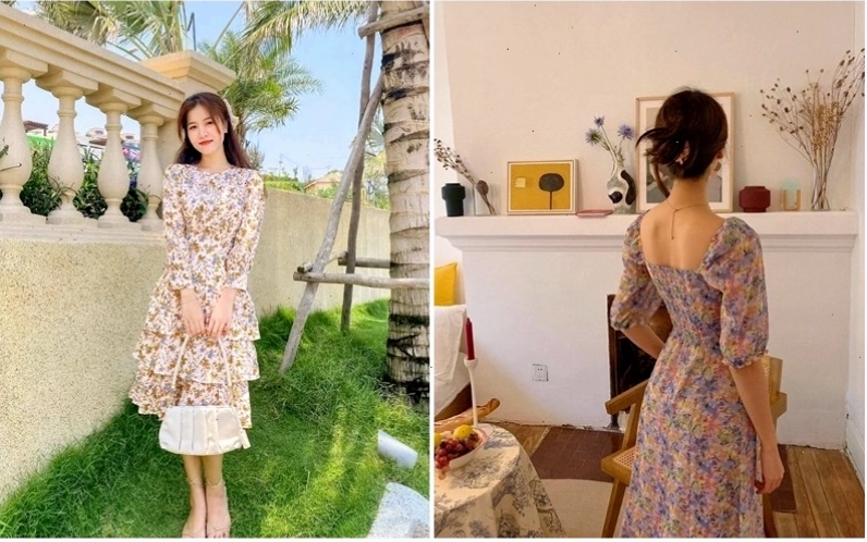 Váy hoa nhí dáng midi màu kem, họa tiết hoa hồng đỏ, cổ yếm và chi tiết thắt nơ ở eo