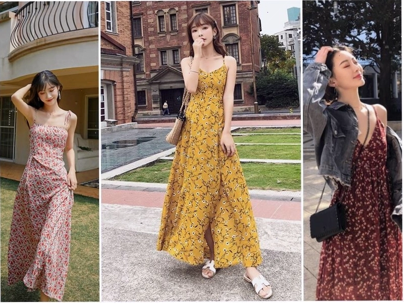 Váy hoa nhí hai dây dáng ngắn màu xanh da trời nhạt, họa tiết hoa cúc trắng