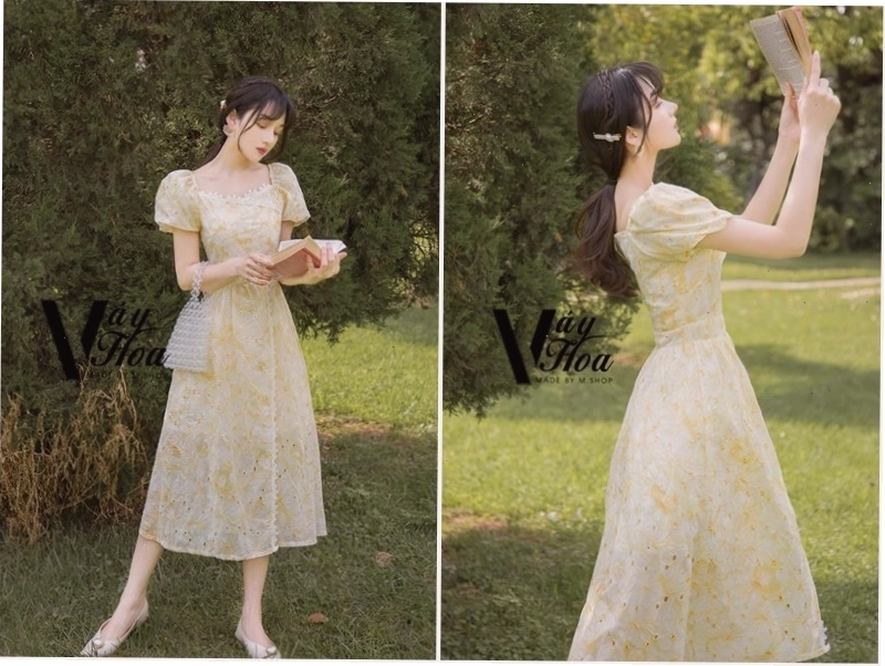 Váy hoa nhí maxi dáng dài, xòe chữ A, màu xanh dương, họa tiết hoa trắng li ti, cổ tròn tay ngắn