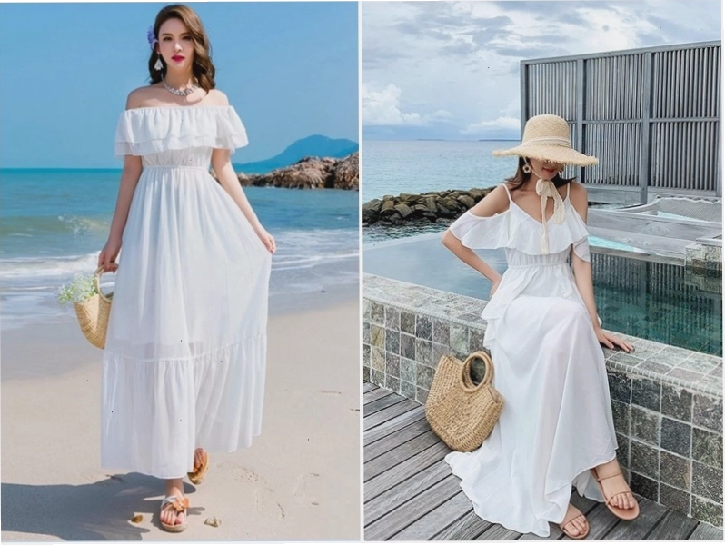 Váy maxi dáng xòe đi biển, họa tiết hoa nhí, có thể biến tấu thành dáng ngắn